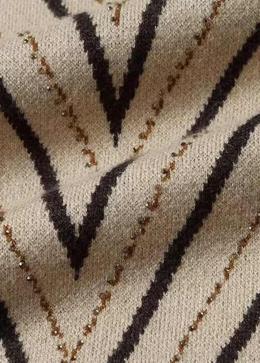 Apricot O Neck Print Zircon Patchwork Knit Dress Fall