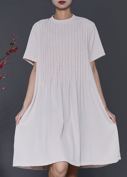 Apricot O-neck Wrinkled Cotton Dresses Summer