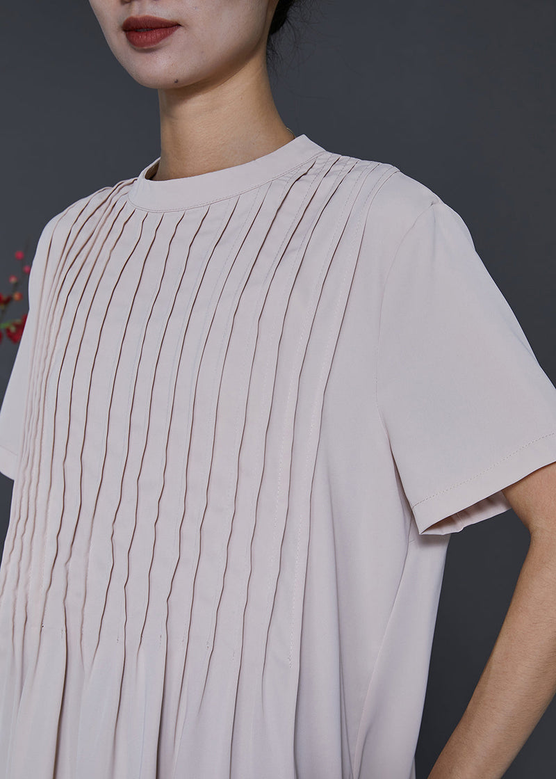Apricot O-neck Wrinkled Cotton Dresses Summer