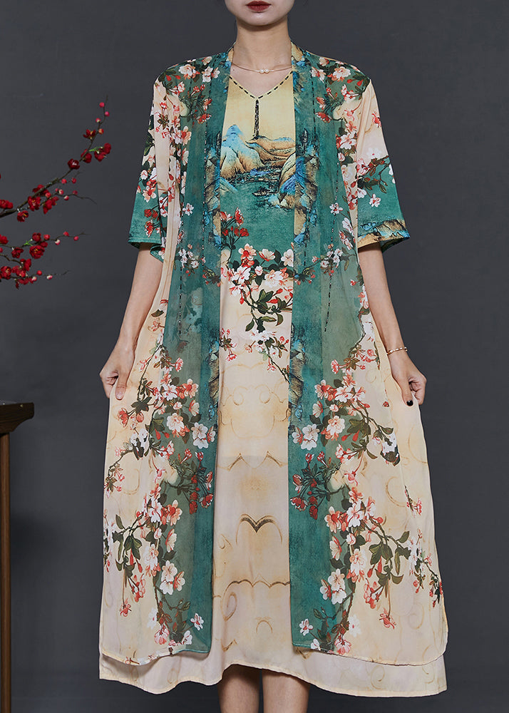 Apricot Print Chiffon Fake Two Piece Dress Summer
