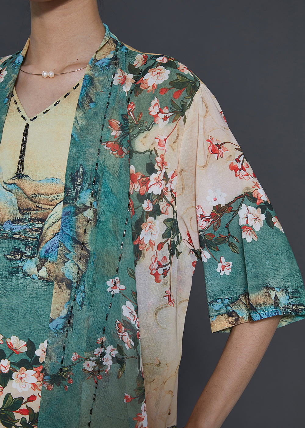 Apricot Print Chiffon Fake Two Piece Dress Summer