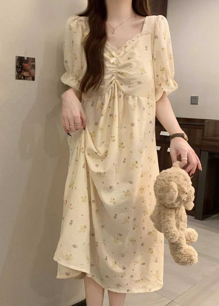 Apricot Print Ruffled Cotton Pajamas Dress V Neck Summer