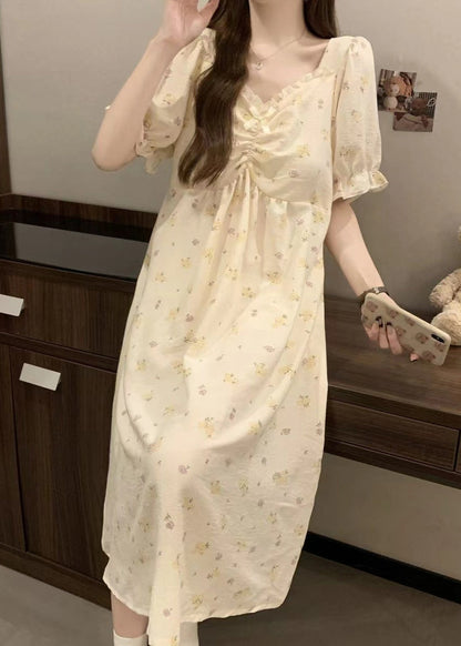 Apricot Print Ruffled Cotton Pajamas Dress V Neck Summer