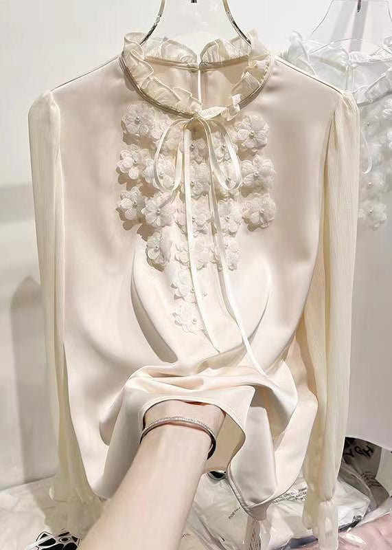 Apricot Ruffled Lace Up Chiffon Shirt Long Sleeve