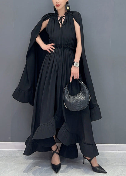 Apricot Ruffled Patchwork Elastic Waist Chiffon Maxi Dress Summer