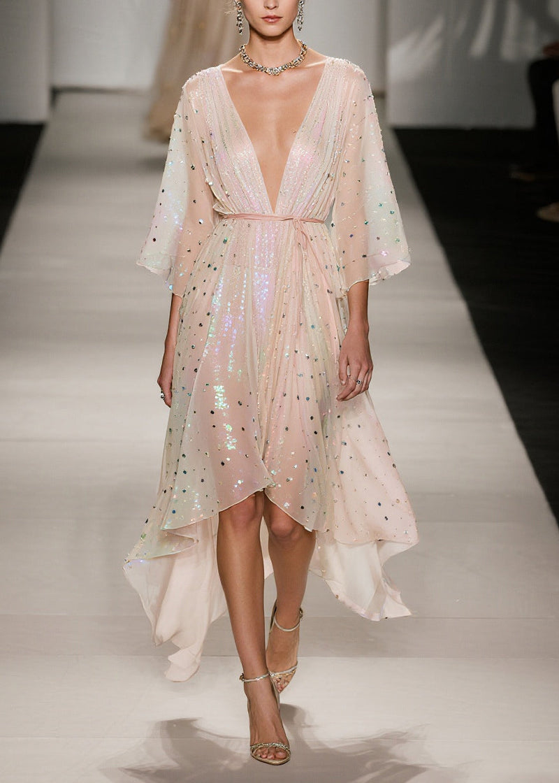 Apricot Sequins Low High Design Tulle Tunic Dress Summer