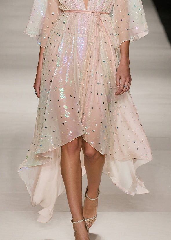 Apricot Sequins Low High Design Tulle Tunic Dress Summer