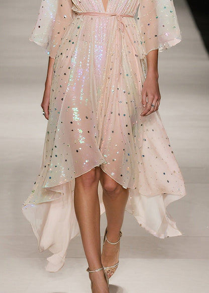 Apricot Sequins Low High Design Tulle Tunic Dress Summer