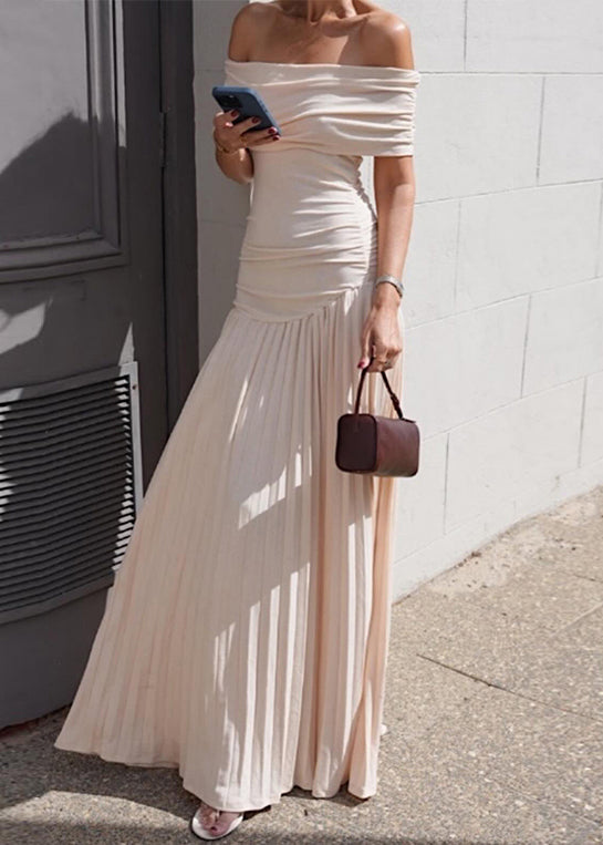 Apricot Slash Neck Wrinkled Long Dress Summer
