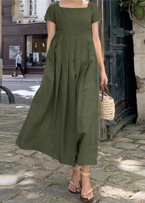 Apricot Square Collar Wrinkled Cotton Long Dress Summer