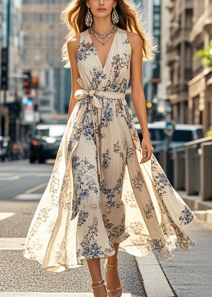 Apricot Tie Waist Print Cotton Dresses Sleeveless