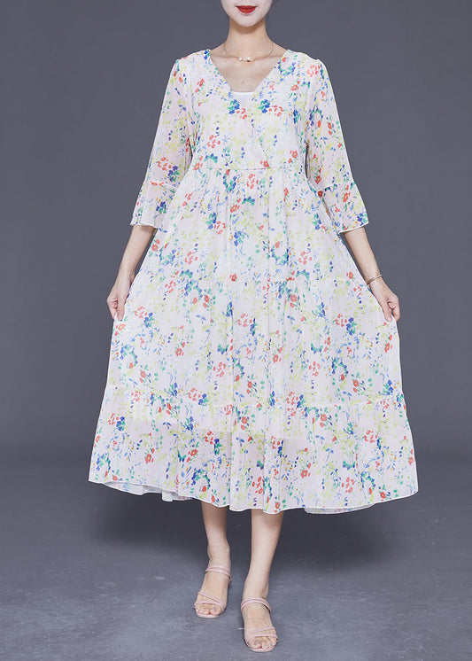 Apricot V Neck Print Exra Large Hem Chiffon Dress Flare Sleeve