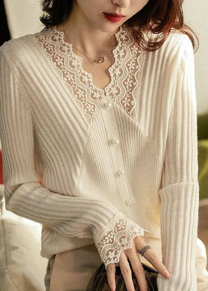 Apricot V Neck Thick Lace Patchwork Nail Bead Knit Sweater Tops Winter