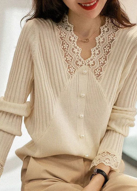Apricot V Neck Thick Lace Patchwork Nail Bead Knit Sweater Tops Winter