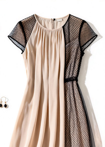 Apricot Wrinkled Tulle Patchwork Dress Summer