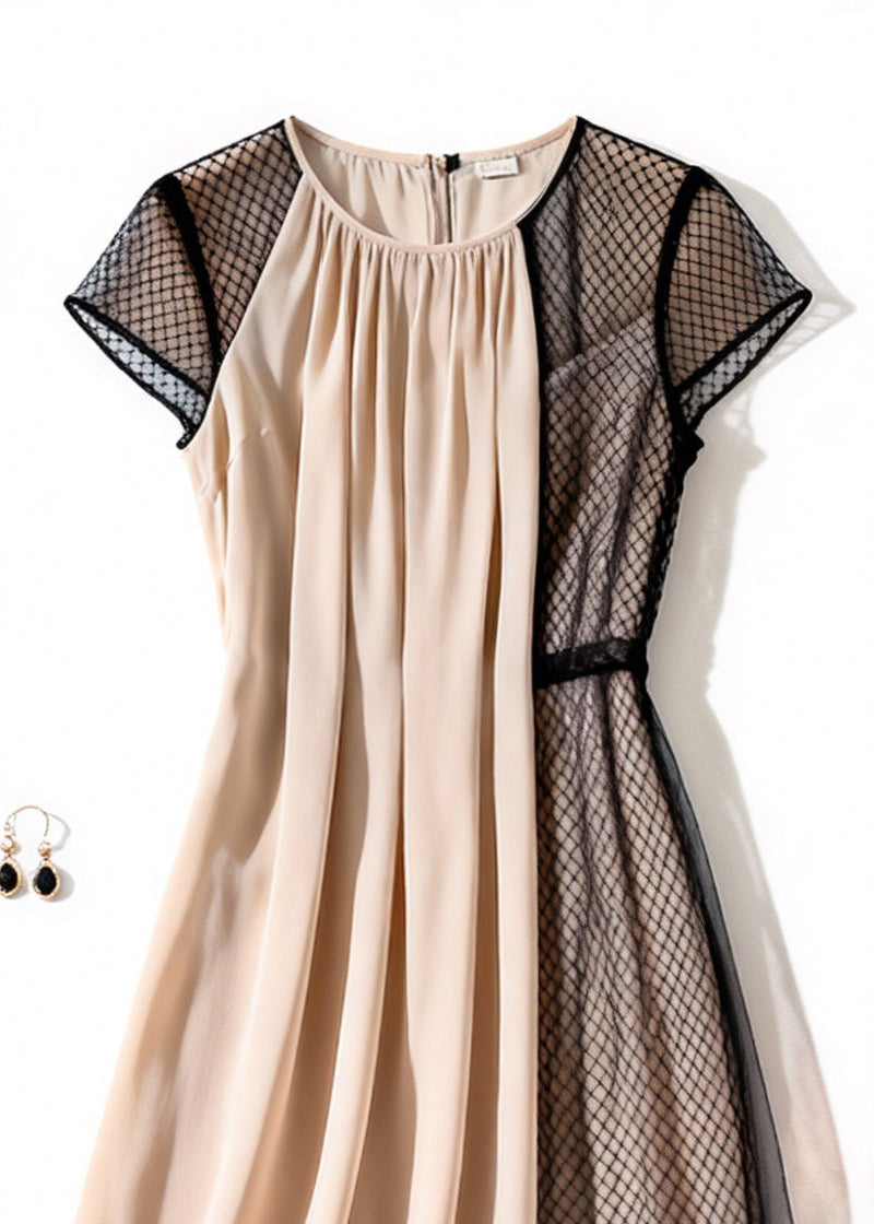 Apricot Wrinkled Tulle Patchwork Dress Summer