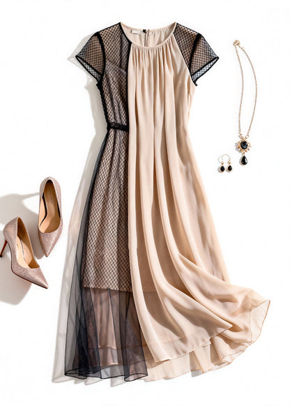 Apricot Wrinkled Tulle Patchwork Dress Summer