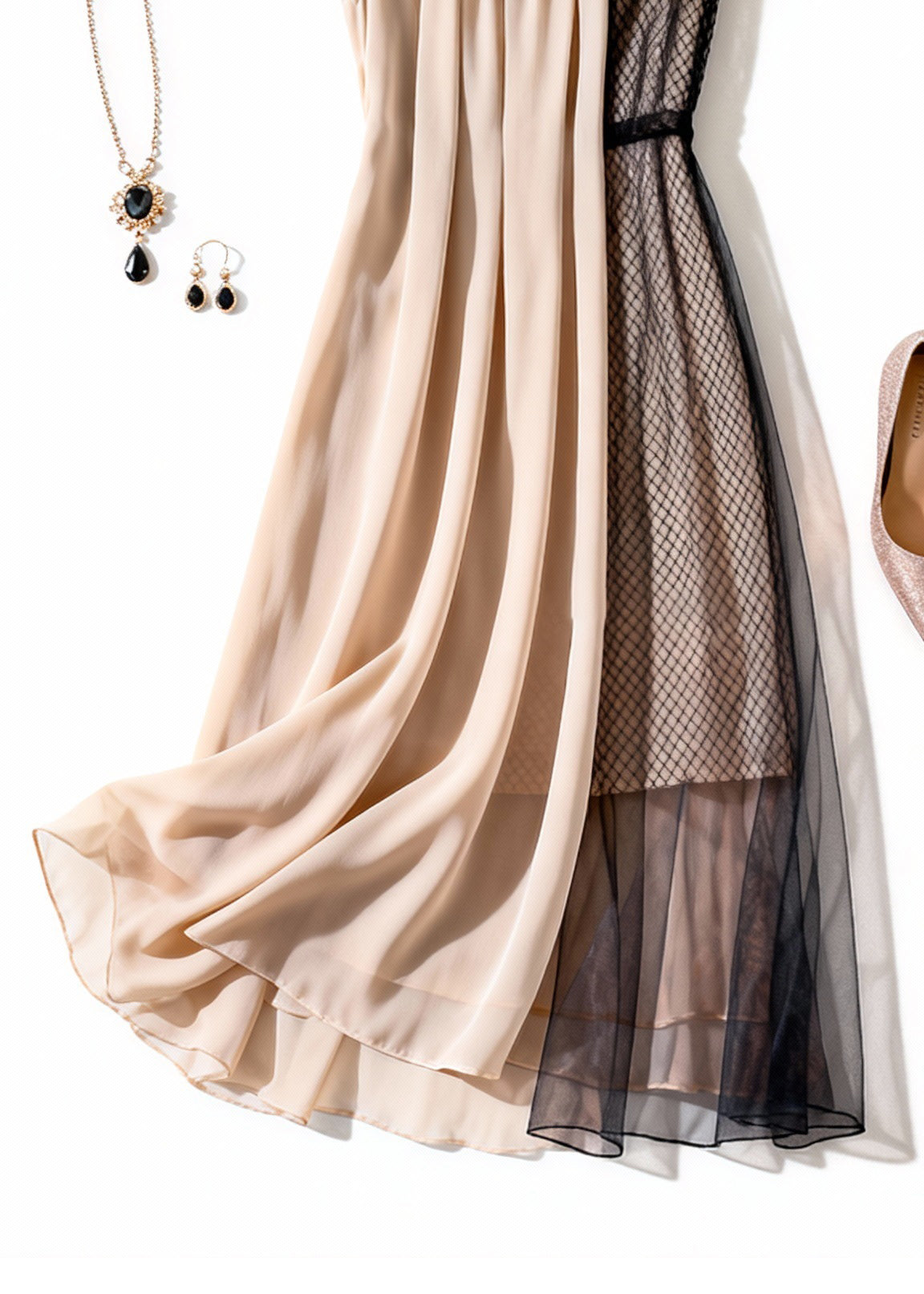 Apricot Wrinkled Tulle Patchwork Dress Summer