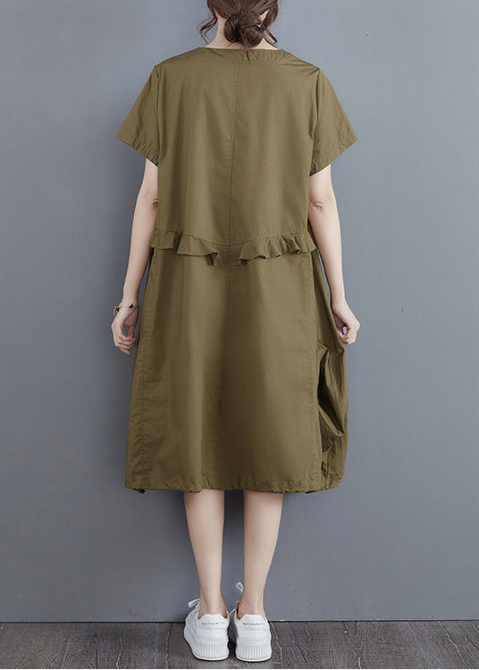 Army Green Ruffles O-neck Cotton Dress Short Sleeve