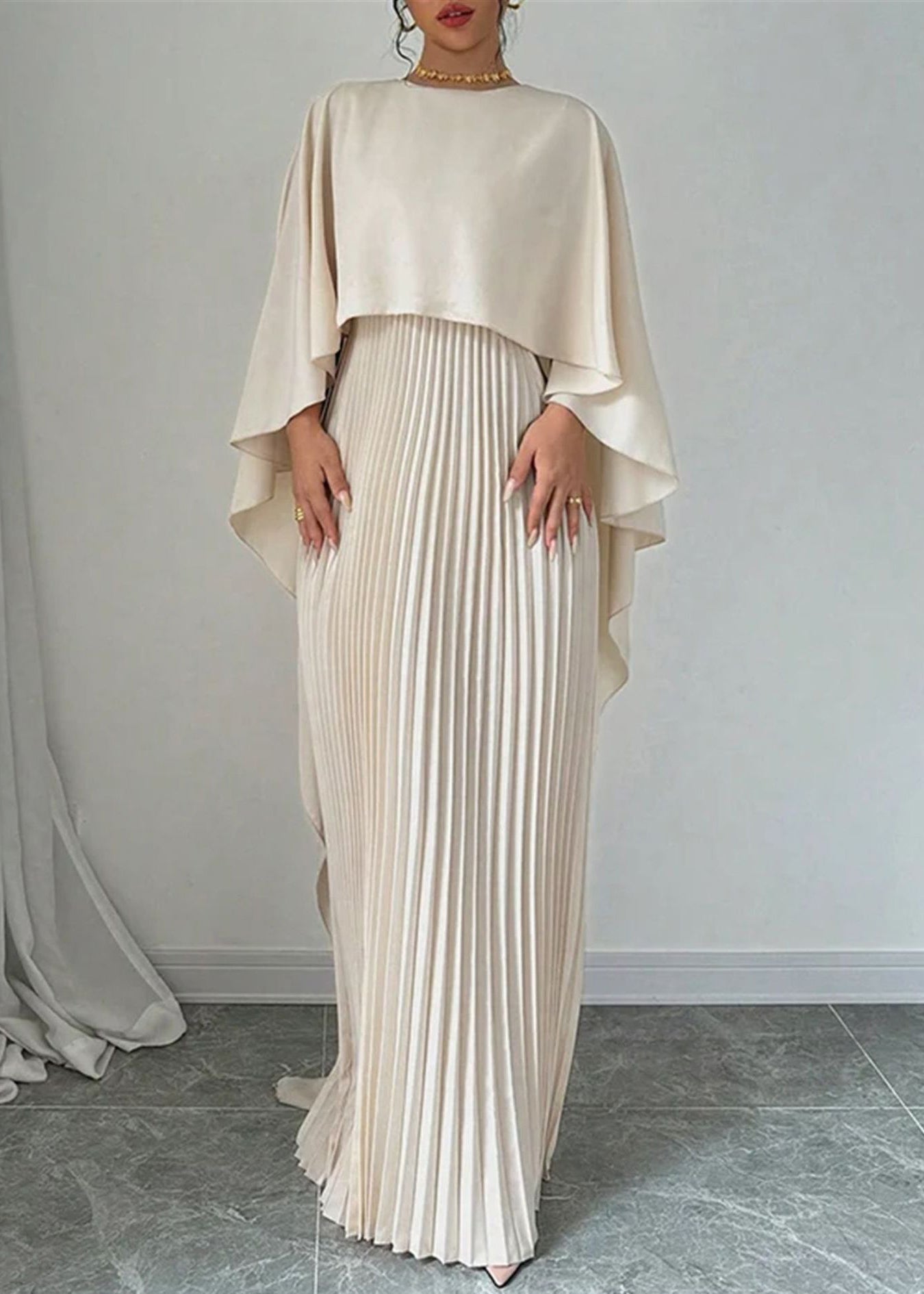 Beige Asymmetrical Patchwork Long Dress Batwing Sleeve