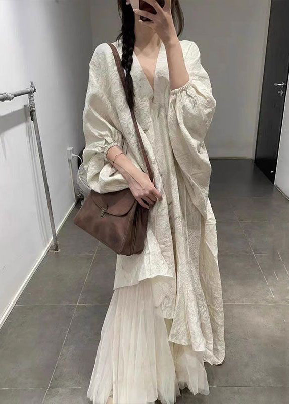Beige Asymmetrical Tulle Patchwork Maxi Dress Lantern Sleeve