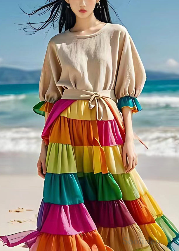 Beige Chiffon Patchwork Linen Dress Flare Sleeve