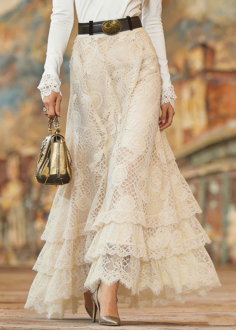 Beige Elastic Waist Lace Maxi Skirt Spring