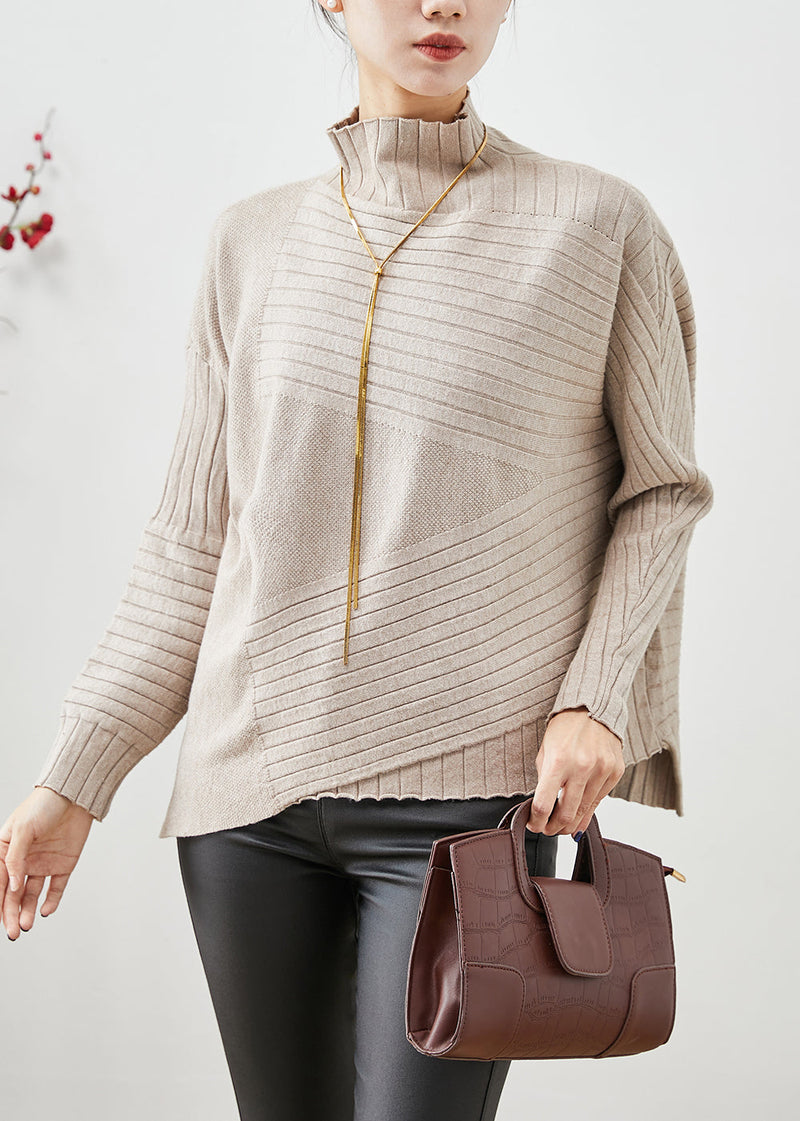 Beige High Neck Asymmetrical Knit Sweater Fall