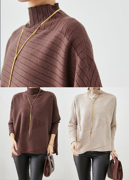 Beige High Neck Asymmetrical Knit Sweater Fall