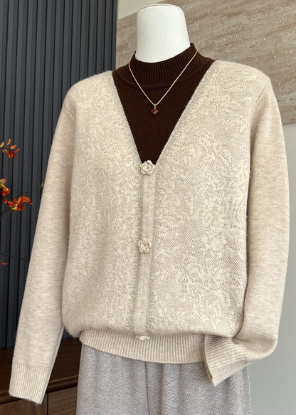 Beige Hign Neck Thick Patchwork Warm Fleece Knit Top Winter