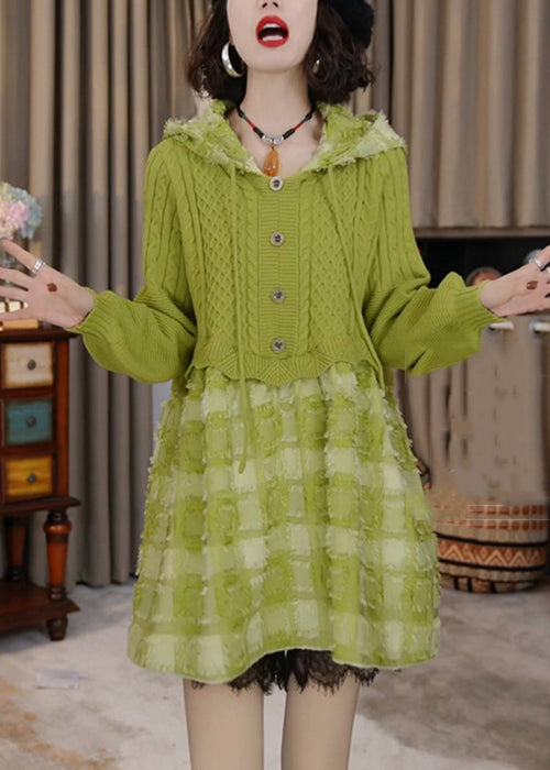 Beige Hooded Patchwork Knit Mid Dress Winter
