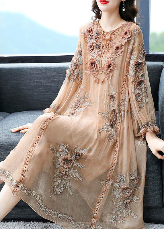 Beige Lace Up Jacquard Silk Holiday Dress Long Sleeve