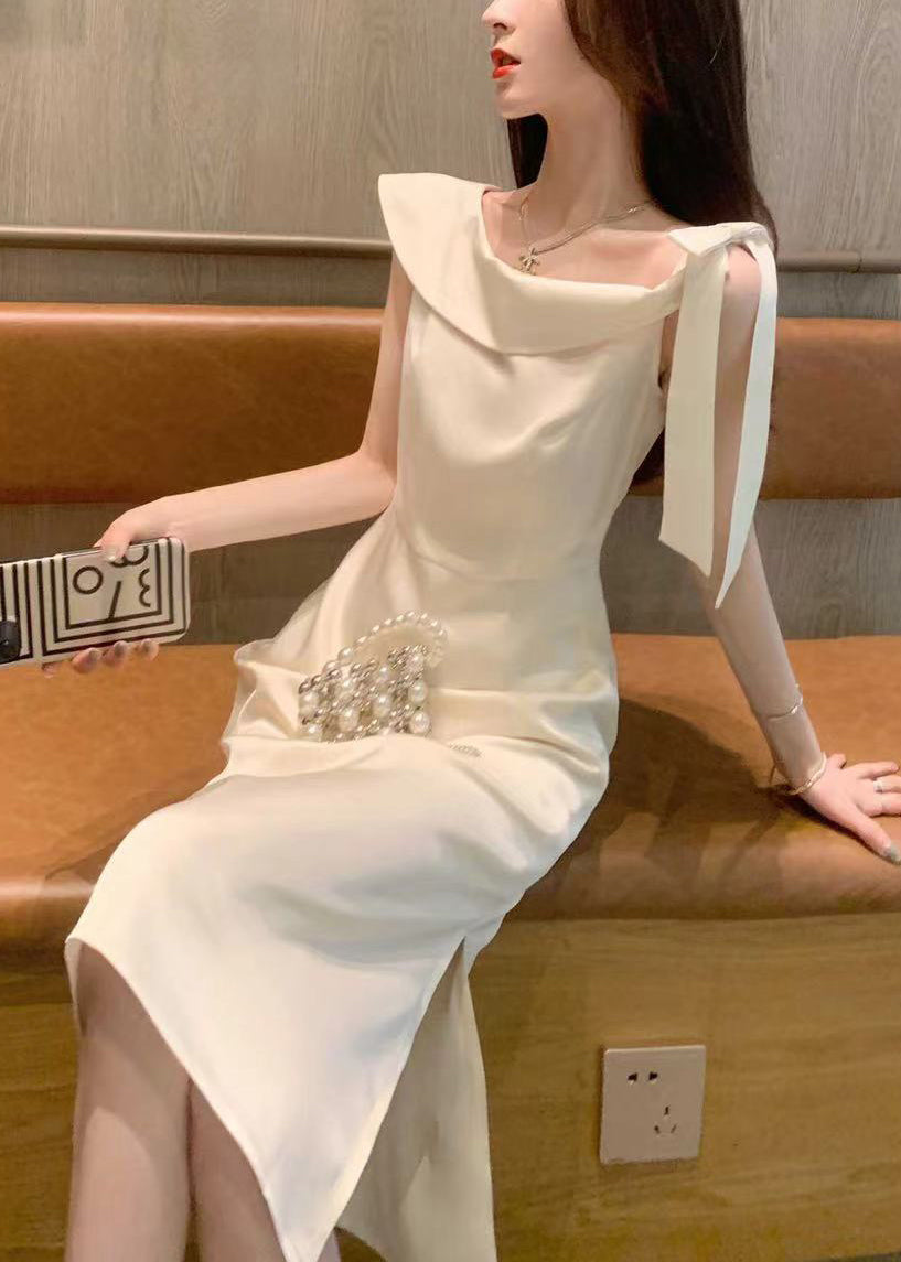 Beige Lace Up Side Open Cotton Dresses Summer