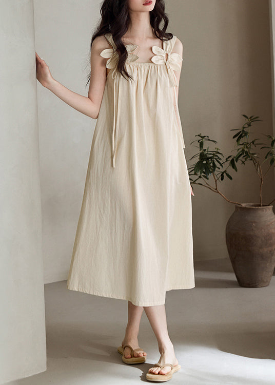 Beige Original Design Lace Up Cotton Long Dress Sleeveless