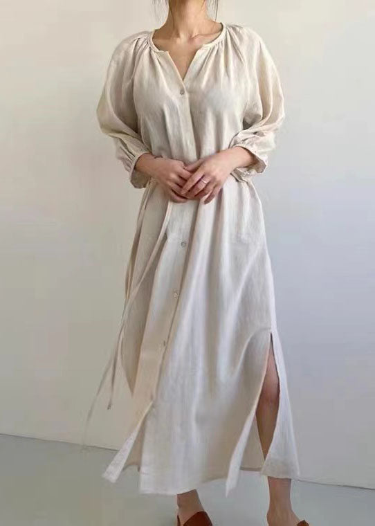 Beige Oversized Side Open Tie Waist Cotton Dress Bracelet Sleeve