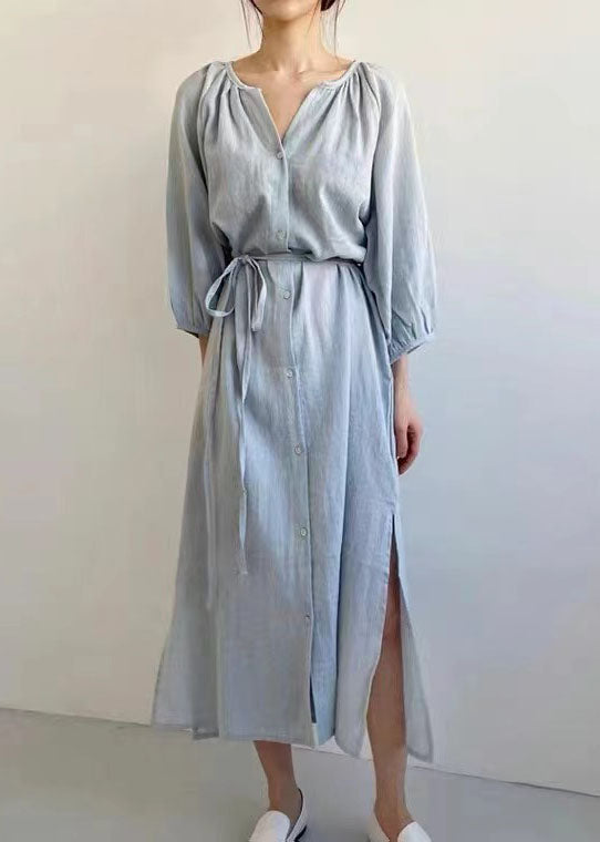Beige Oversized Side Open Tie Waist Cotton Dress Bracelet Sleeve