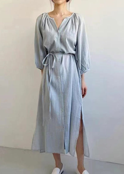 Beige Oversized Side Open Tie Waist Cotton Dress Bracelet Sleeve
