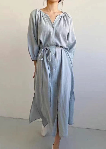 Beige Oversized Side Open Tie Waist Cotton Dress Bracelet Sleeve