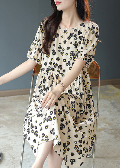 Beige Patchwork Wrinkled Silk Long Dress Short Sleeve