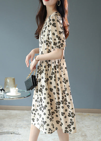 Beige Patchwork Wrinkled Silk Long Dress Short Sleeve