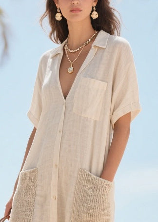 Beige V Neck Patchwork Pockets Cotton Vacation Dresses Summer