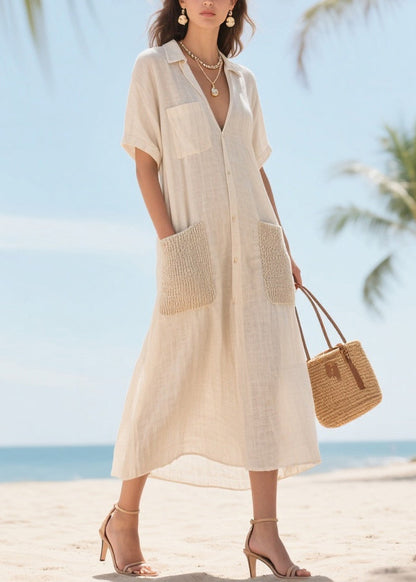 Beige V Neck Patchwork Pockets Cotton Vacation Dresses Summer