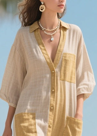 Beige V Neck Patchwork Tulle Maxi Dresses Bracelet Sleeve