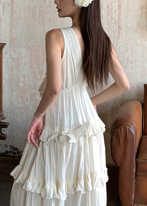 Beige V Neck Ruffled Cotton Long Dresses Summer