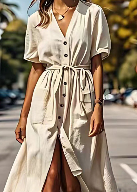 Beige V Neck Tie Waist Button Cotton Dress Summer
