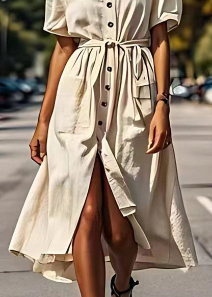 Beige V Neck Tie Waist Button Cotton Dress Summer