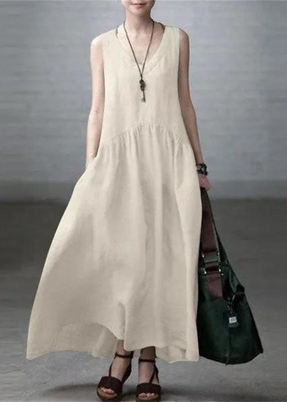 Beige V Neck Wrinkled Patchwork Cotton Mini Dress Sleeveless