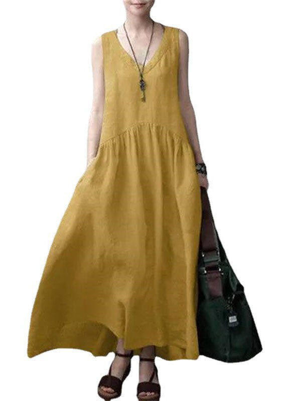 Beige V Neck Wrinkled Patchwork Cotton Mini Dress Sleeveless