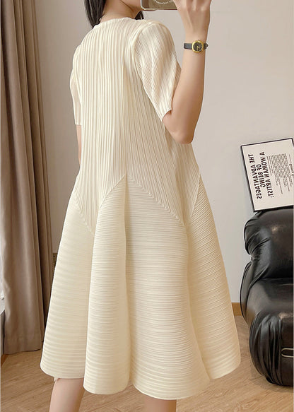 Beige Wrinkled High Waist Cotton Dresses