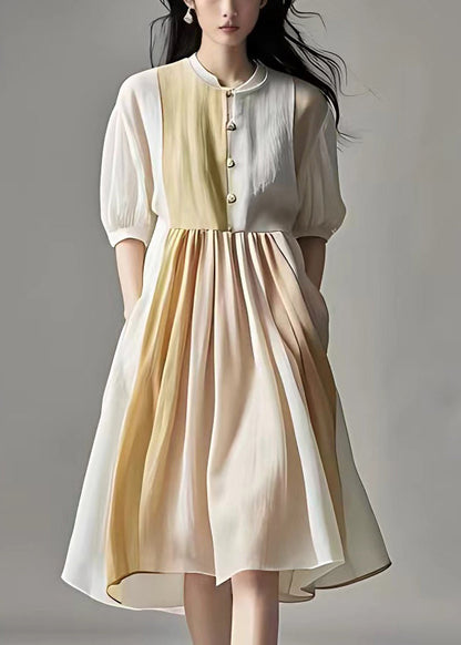 Beige Wrinkled Pockets Linen Dress Half Sleeve